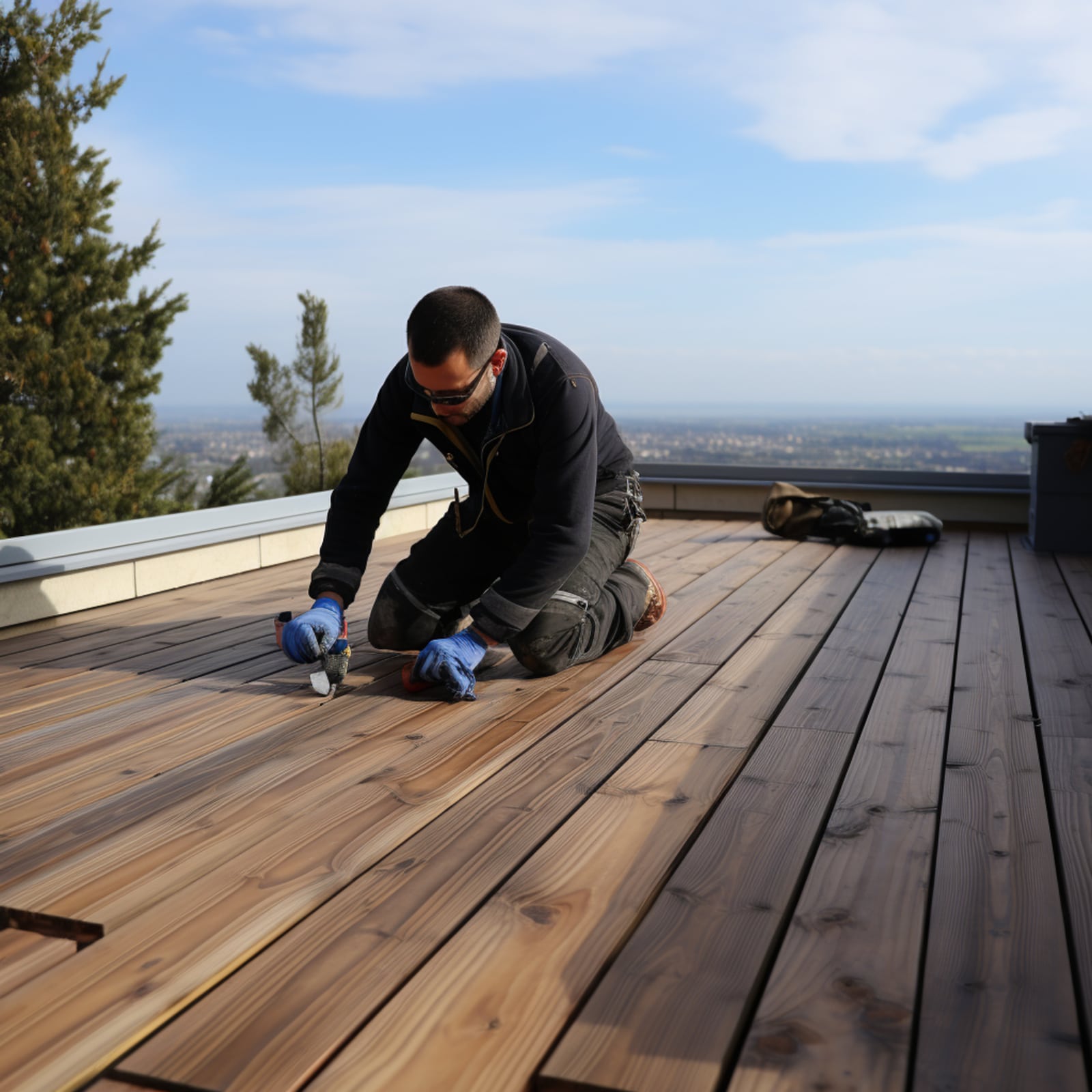 Deck repairs in a residential outdoor setting